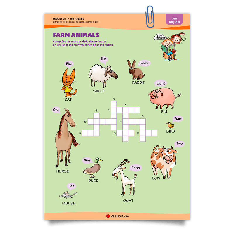 Max et Lili;cahier de vacances;jeu;anglais;farm animals
